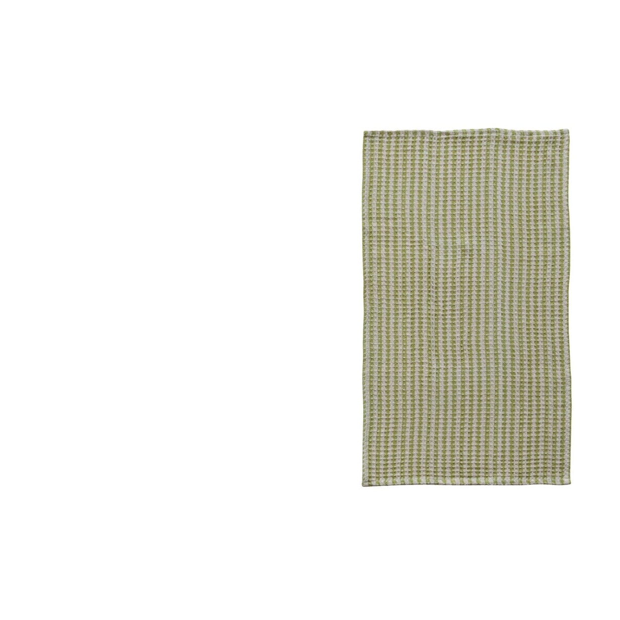 green and taupe striped waffle weave towel laying flat on a white background