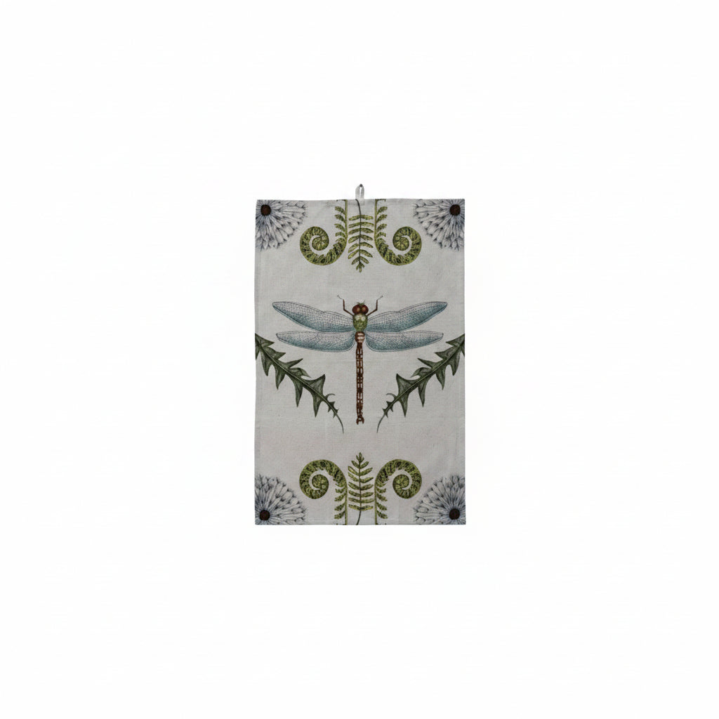 tea towel with large dragonfly in the center and botanicals surrounding it