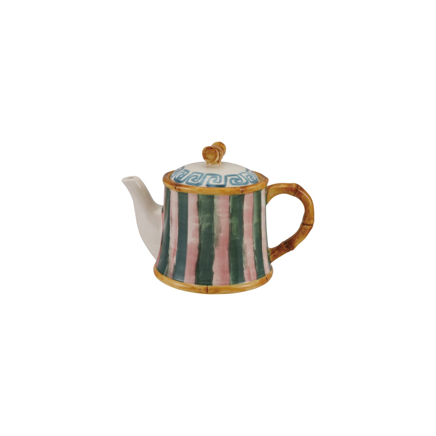 pink and green striped tea pot with bamboo style edges and handle