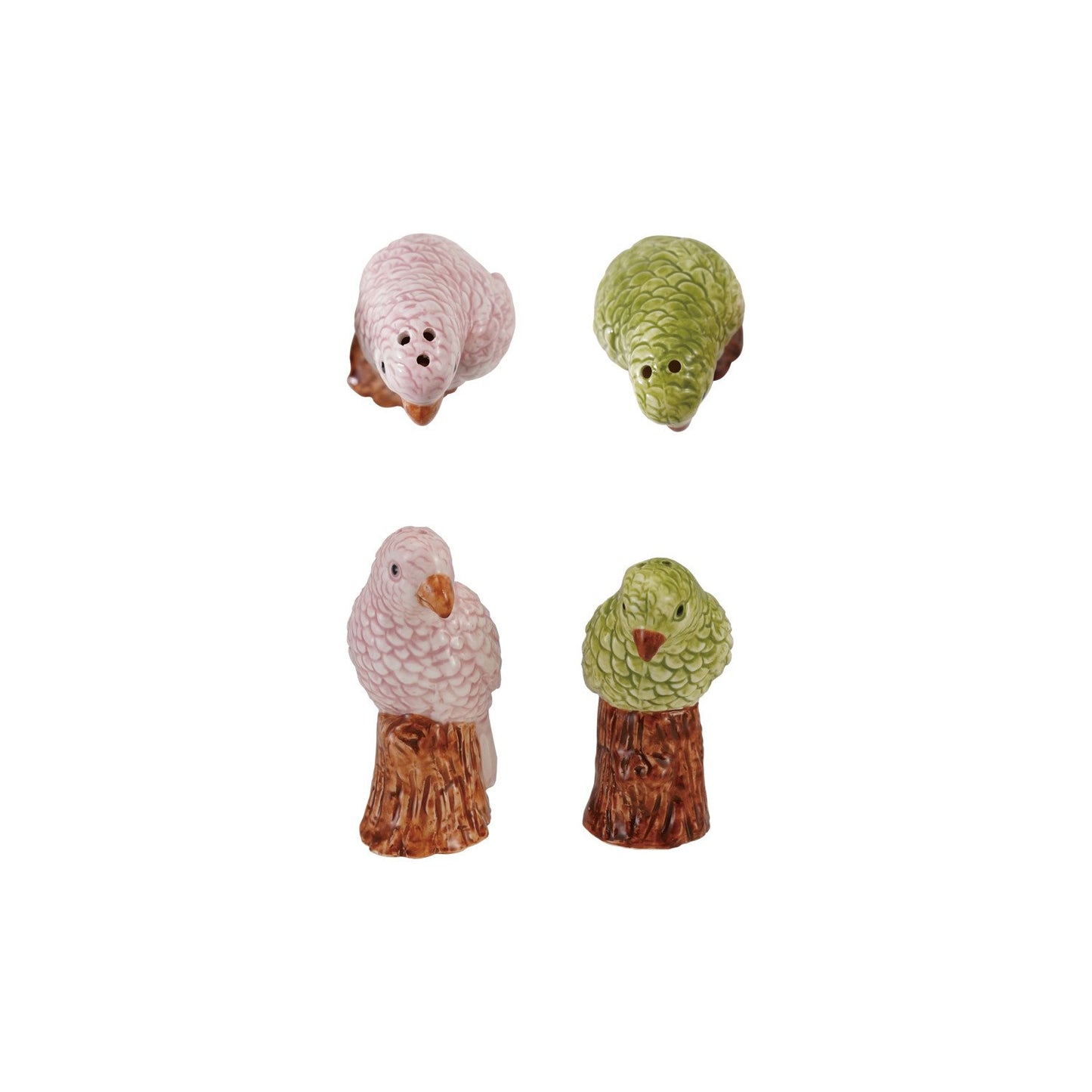 top and bottom views of parrot shaped salt and pepper shakers
