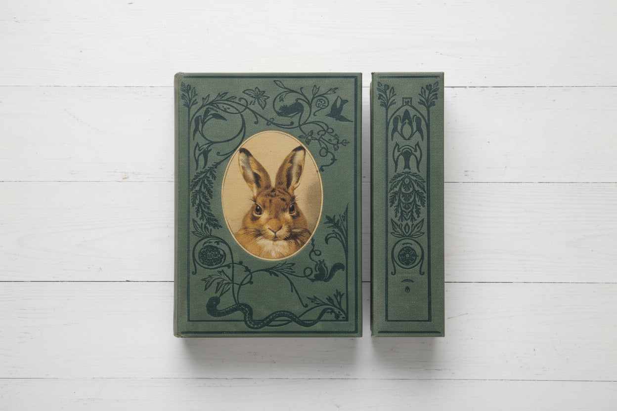 dark green book cover and spine with scrolling design in nave and image of rabbit of cover shown on a white wood background