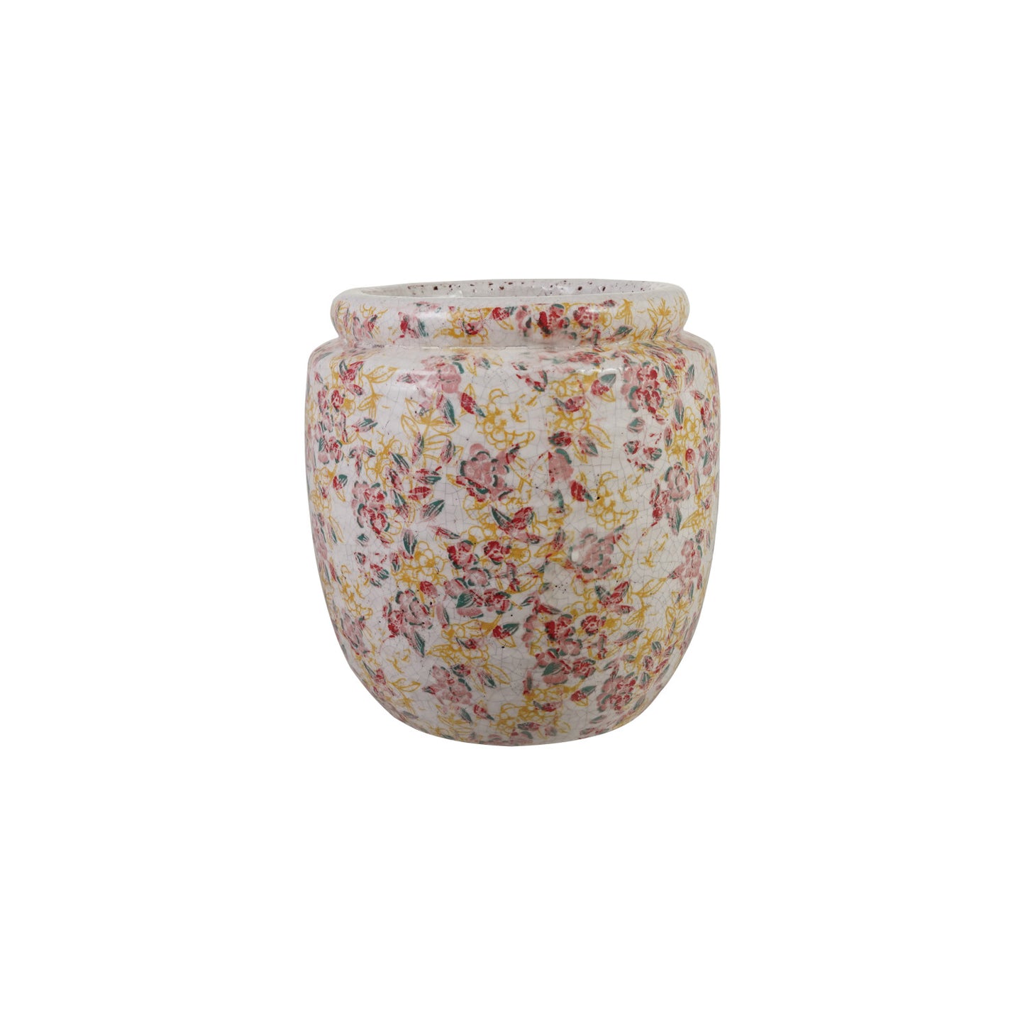 off-white planter with pink and yellow floral design shown on a white background