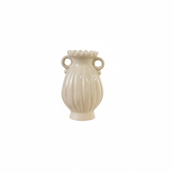 largest small vase with oval shape, scalloped rim, and little ring handles