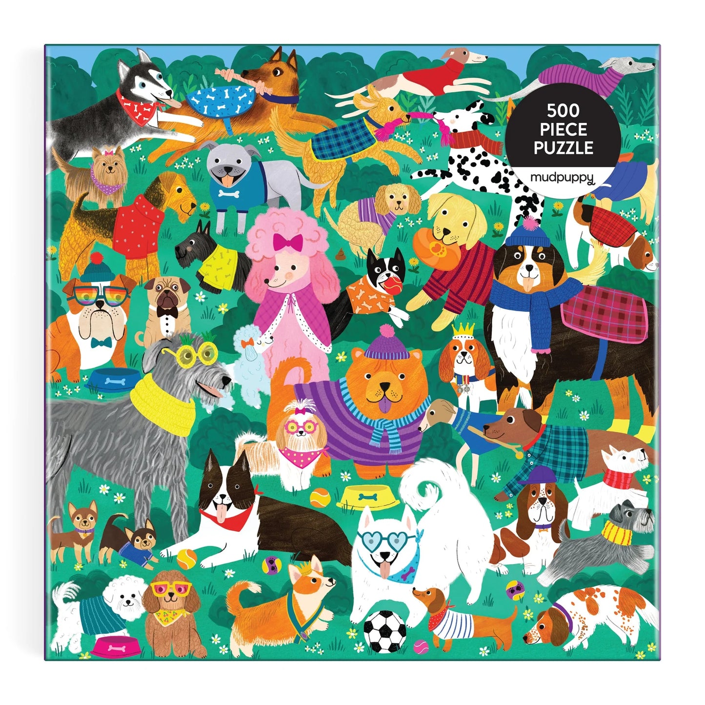 Puzzle box with colorful illustrations of dogs in various outfits on a green background
