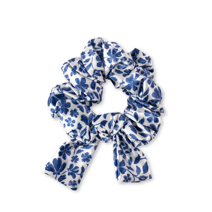 white scrunchie with blue floral pattern