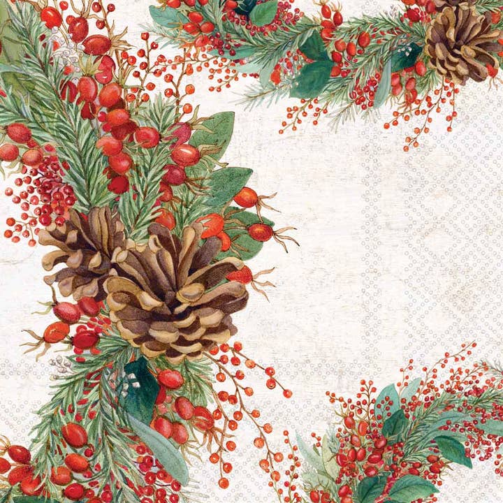paper napkin with a festive holiday botanical pattern featuring pinecones, red berries, and green pine branches arranged around the edges of a textured off-white background.