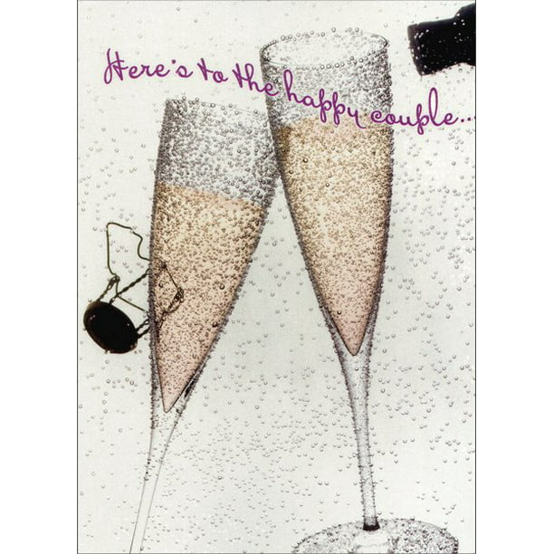 front of card is champagne flutes and bubbles on white background
