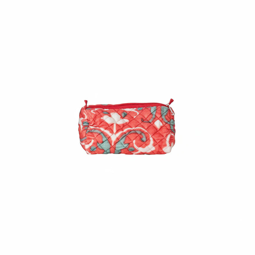 velvet zippered bag with with coral, grey, and white swirled pattern