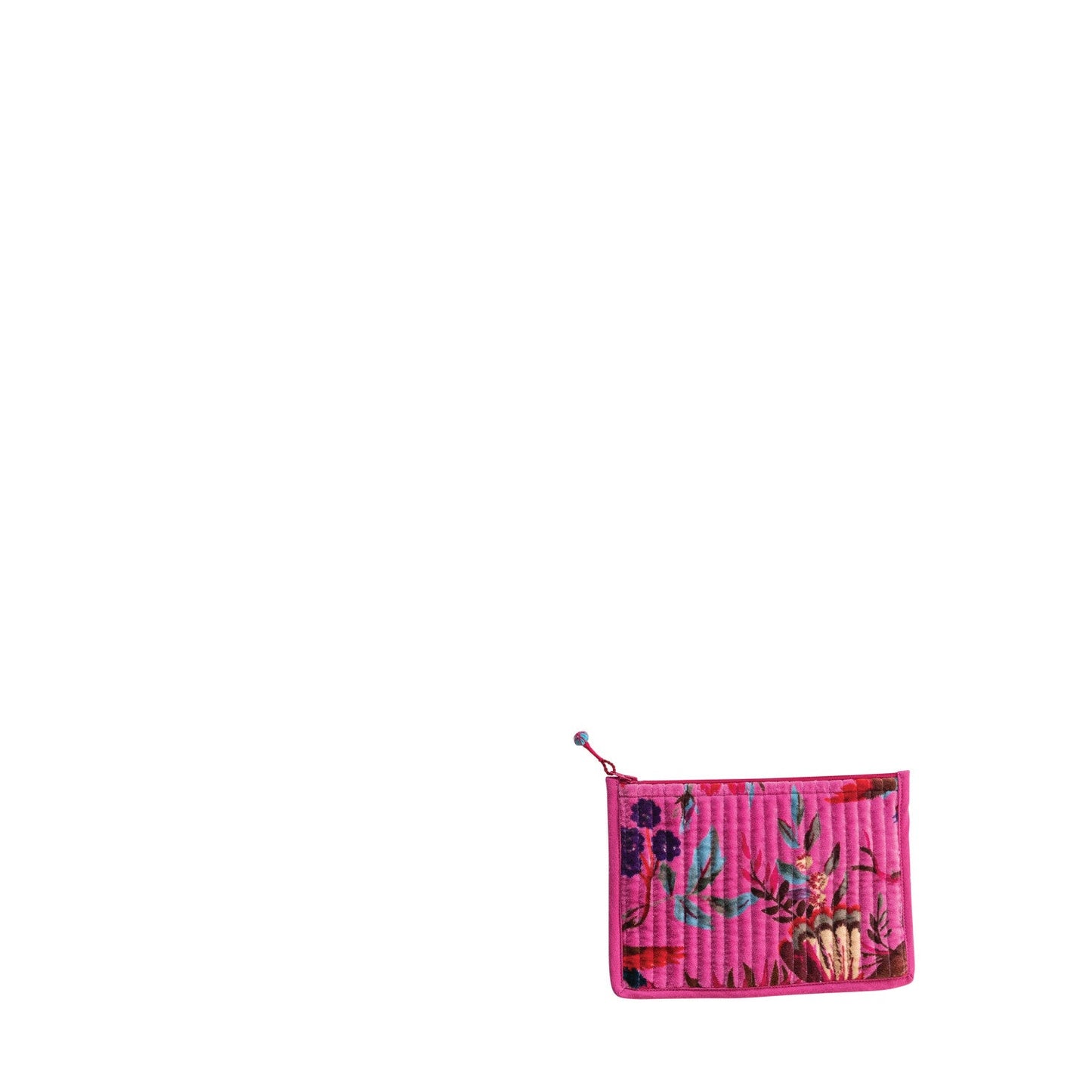 bright pink velvet zippered bag with with floral design