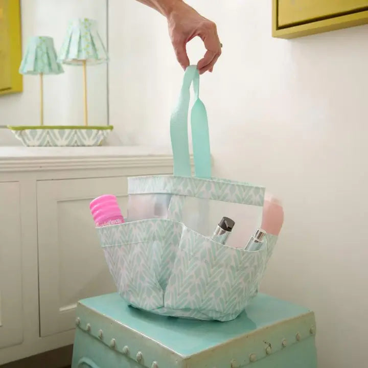 Shower Caddy in Petite Frond Mint filled with bathroom items