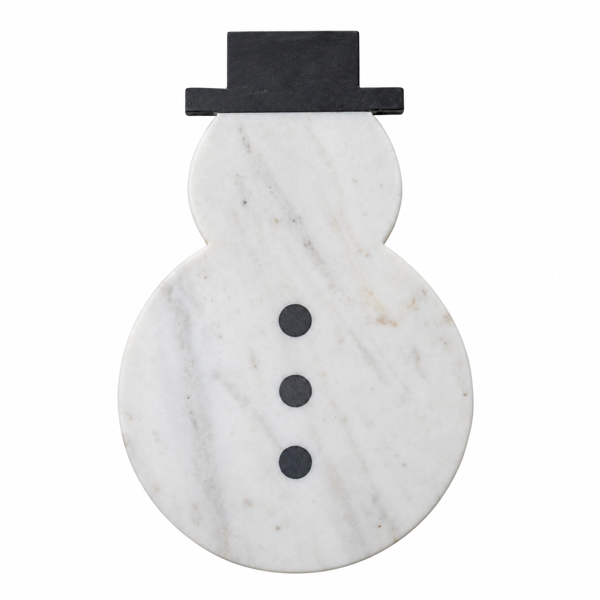 A snowman-shaped board made from white marble with subtle gray veining, featuring a black hat and three black buttons on a plain white background.
