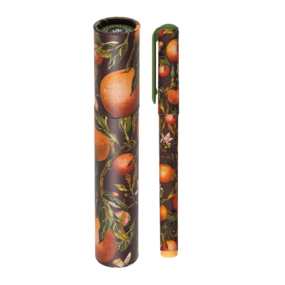 Fountain pen with decorative case featuring citrus design on a white background