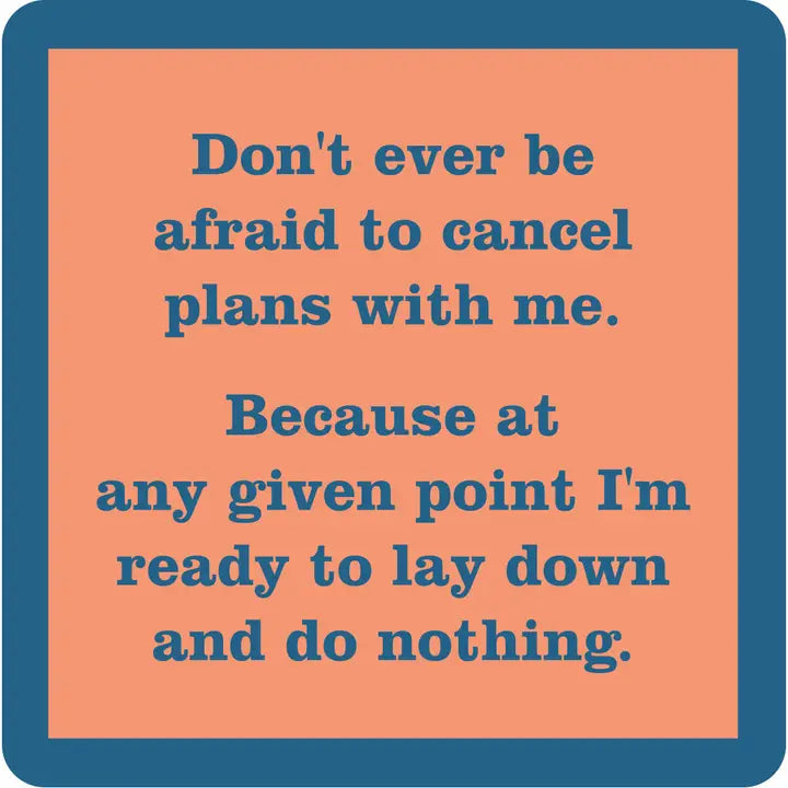 orange coaster with a navy boarder and navy text in the middle