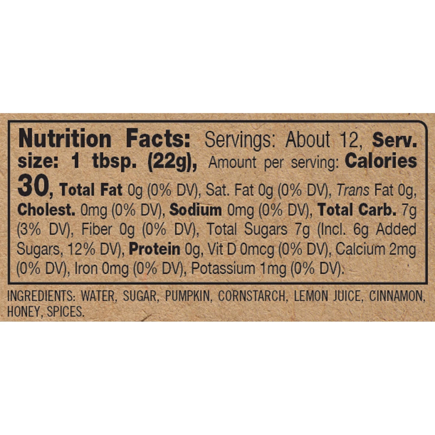 Nutrition facts label for pumpkin honey. call 501-327-2182 for more information