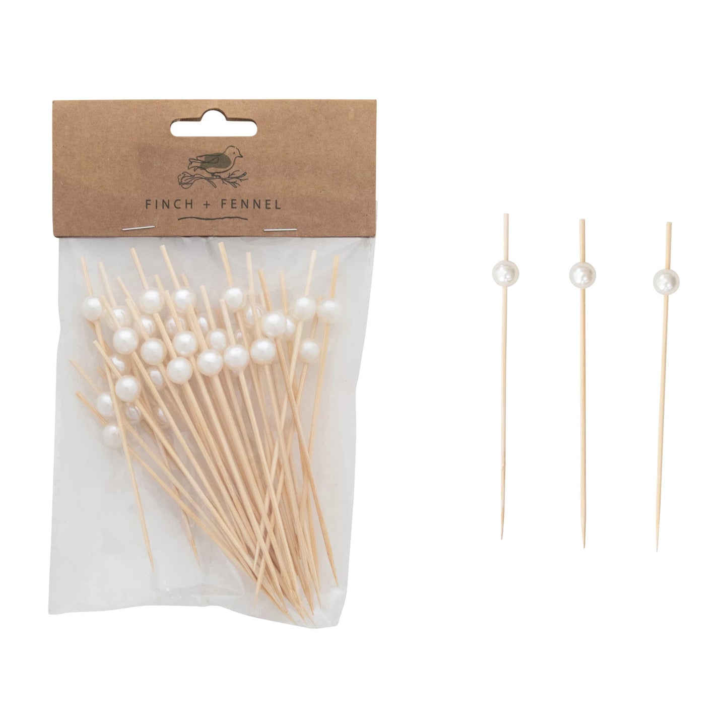 Packaged wooden skewers with pearl beads.