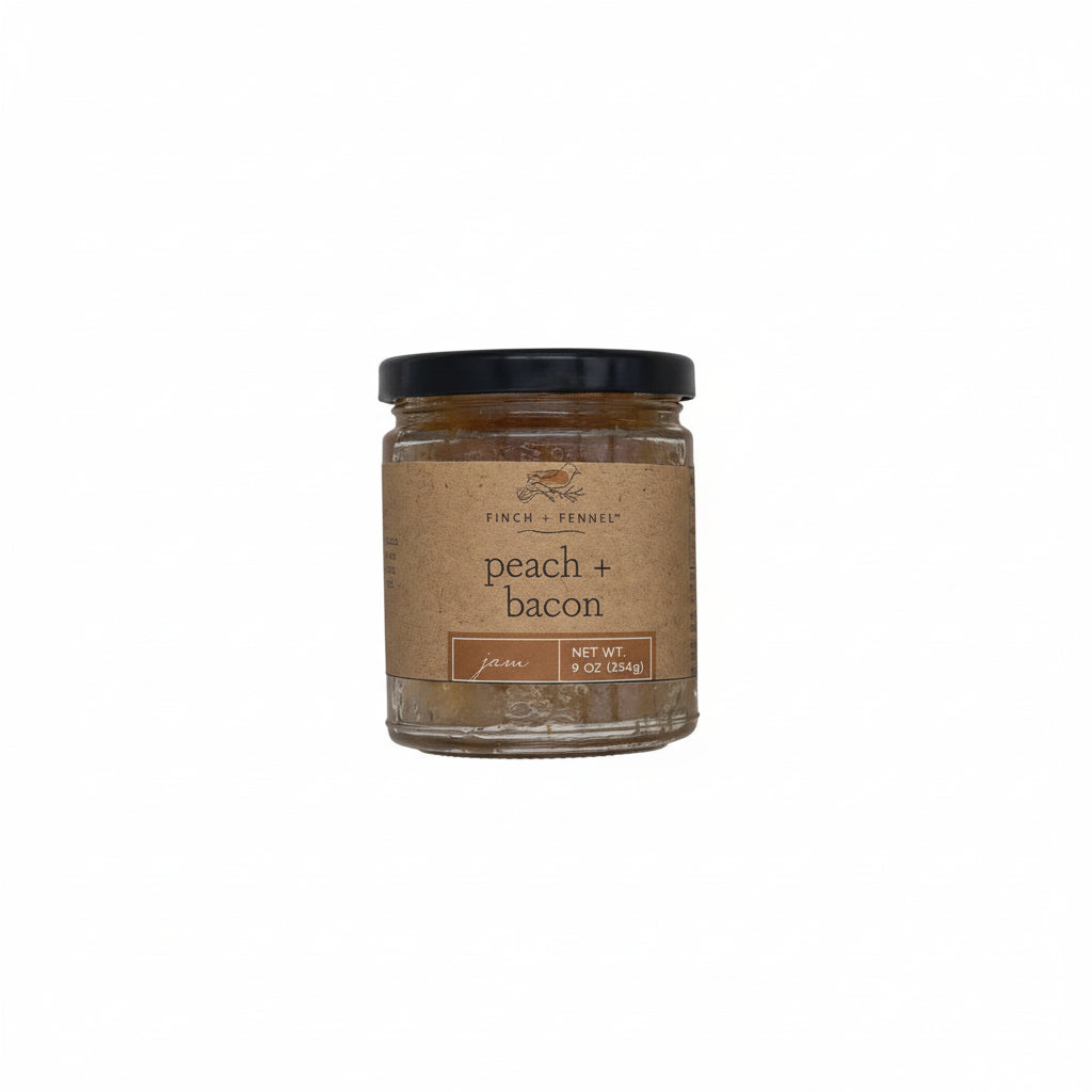 Jar of 'Peach + Bacon' spread on a white background