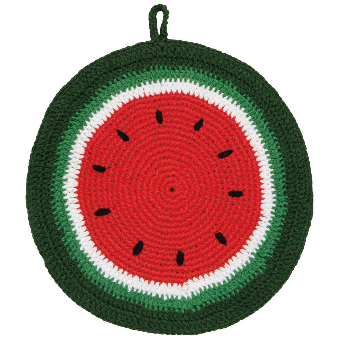 crochet trivet to look like a slice of watermelon