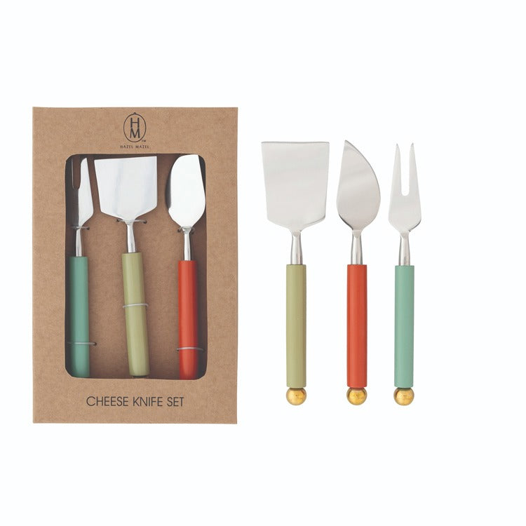 Resin Handle Cheese Knife Set shown both in its box packaging and out of packaging