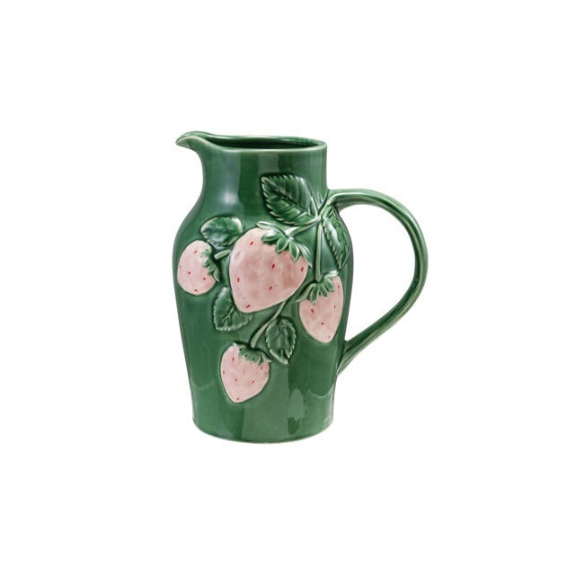 green pitcher with light pink embossed strawberries