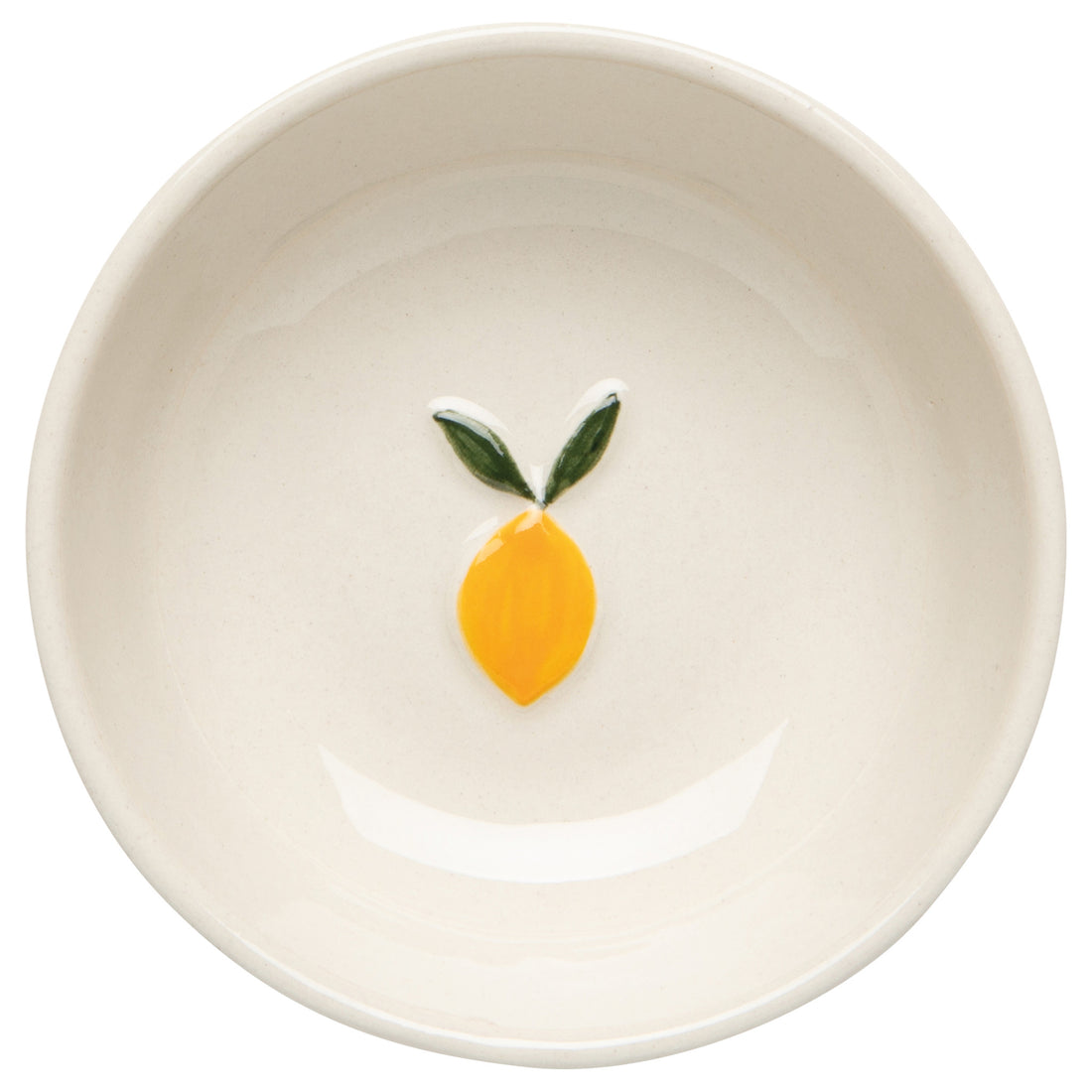 white pinch bowl with an embossed yellow lemon on it