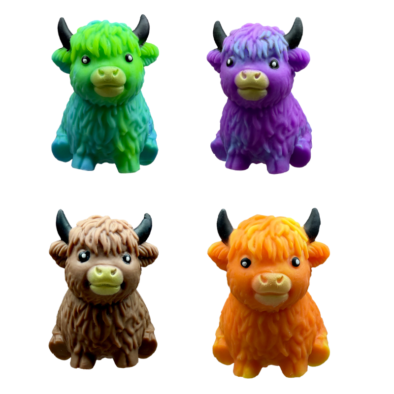 Four colorful cow shaped squish toys in green, purple, brown, and orange on a white background.