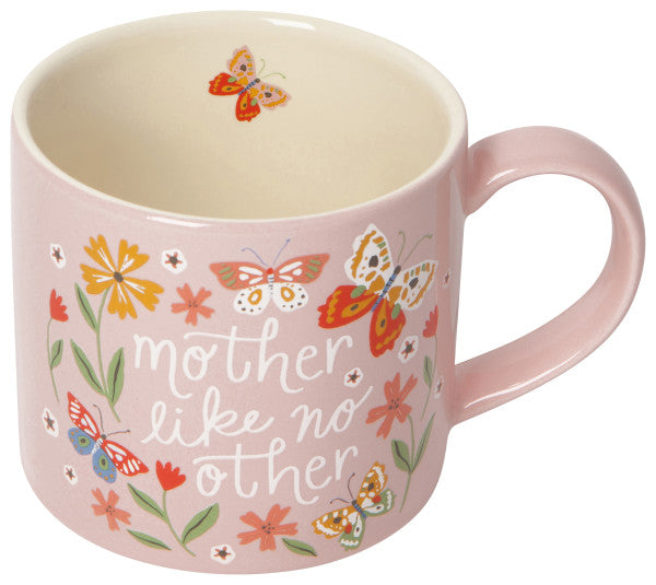 angled view of "mother like no other" mug showing small butterfly printed near the interior rim.