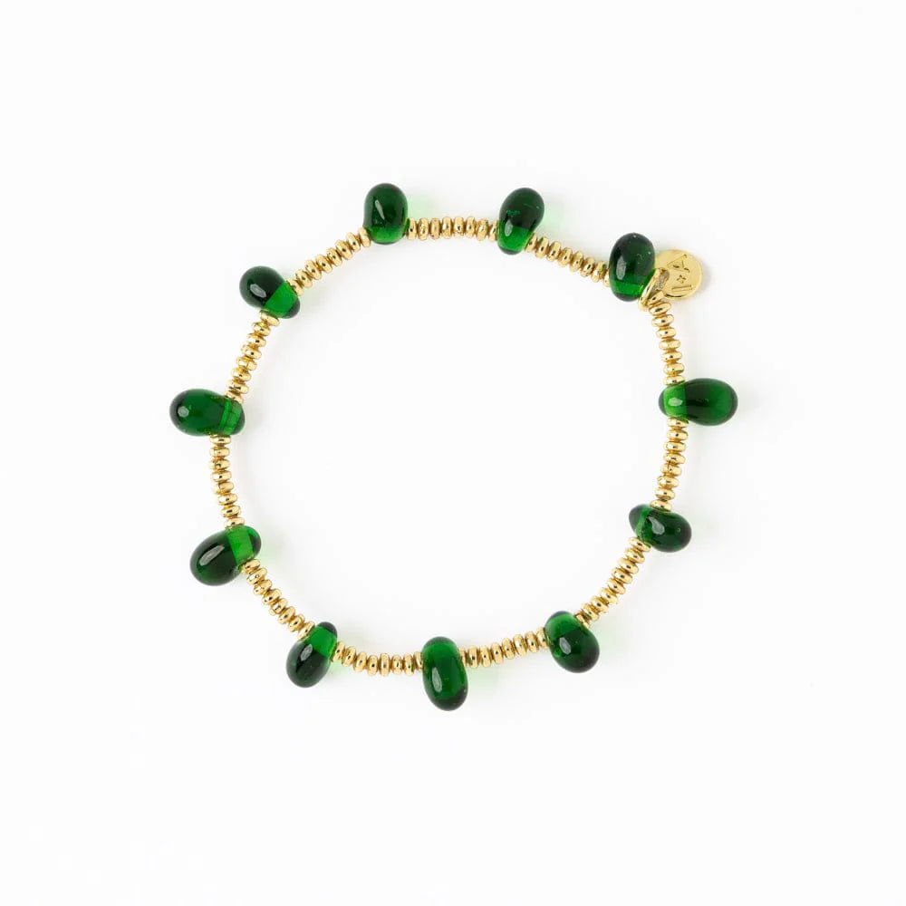 Gold beaded bracelet with green glass teardrop shape beads.