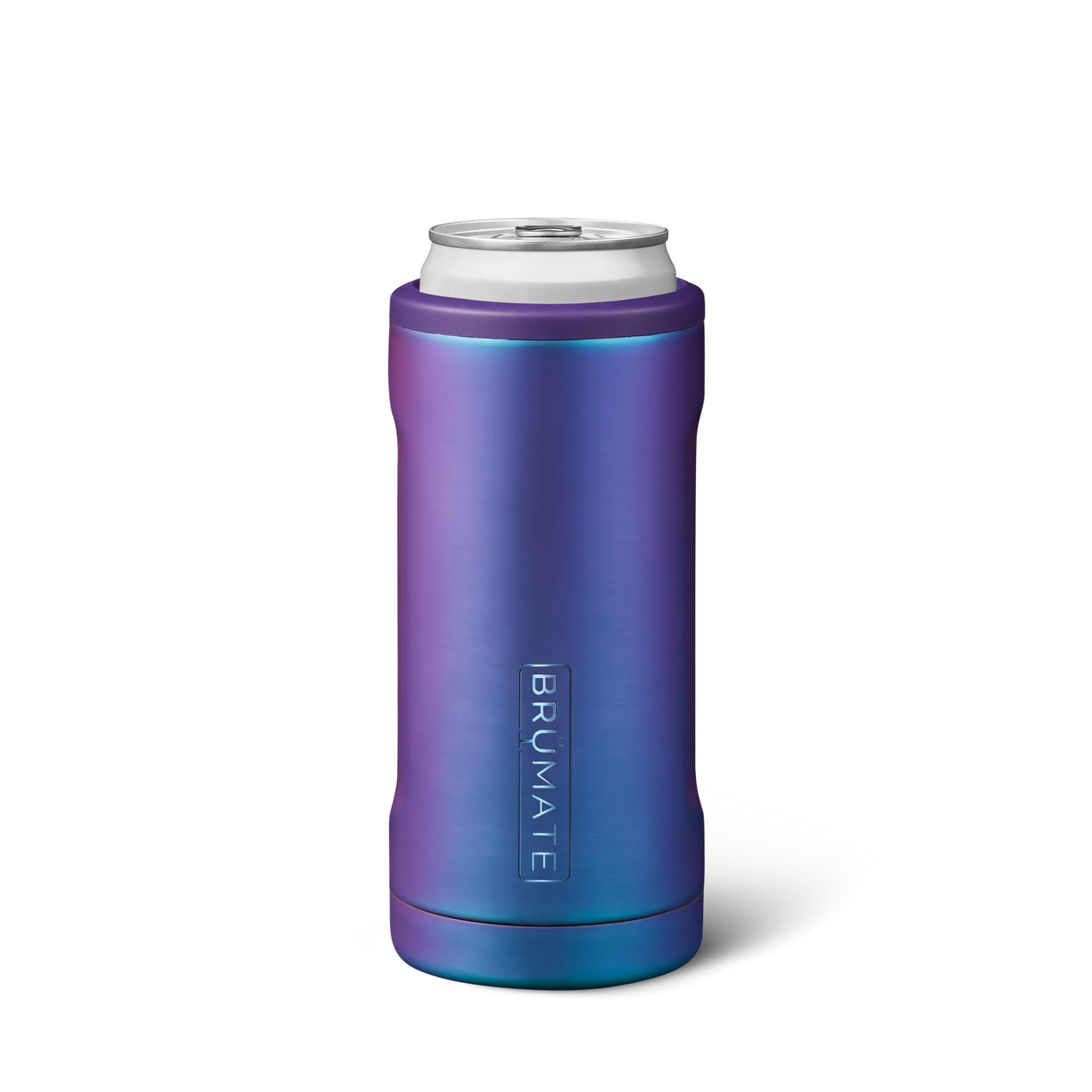 Dark Aura Hopsulator Slim can cooler with iridescent hues shown on a white background