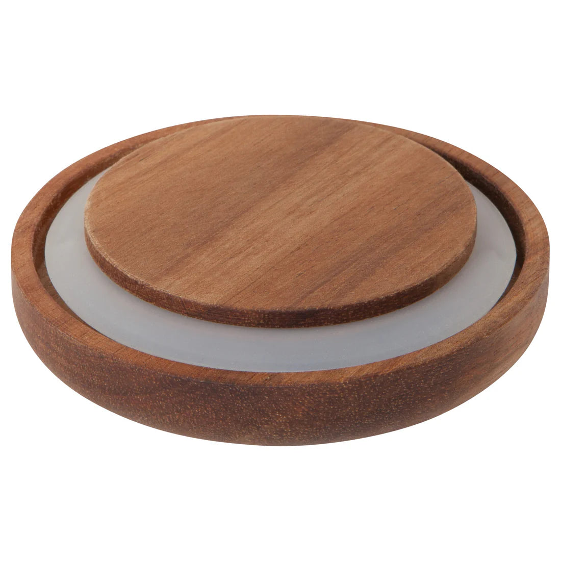acacia wood lid with rubber gasket.