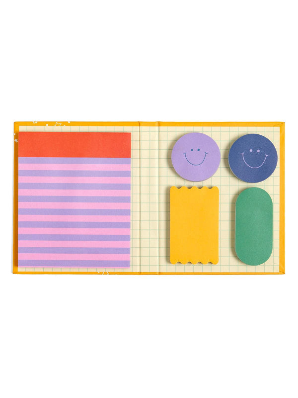 Colorful sticky notes with different shapes and designs on a white background