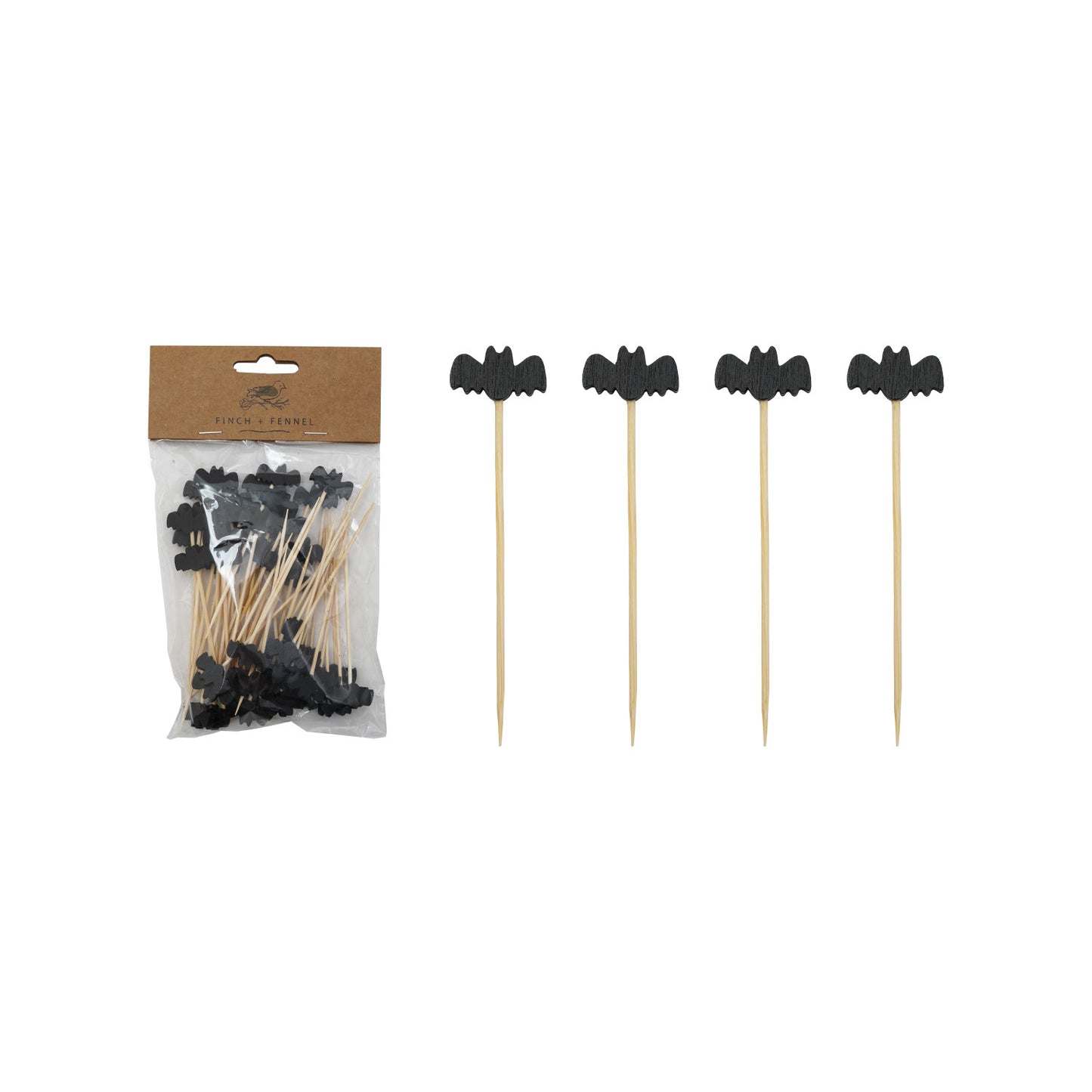 bat shaped handled tooth picks in a bag and 4 next to the bag
