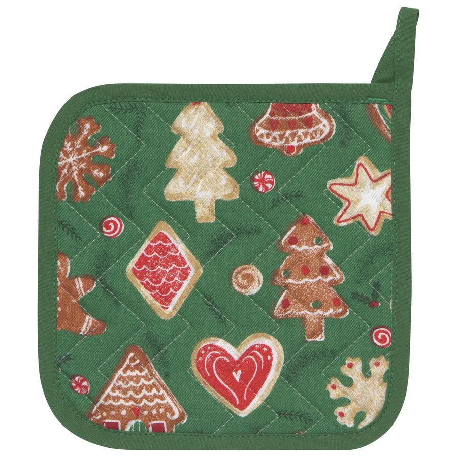 dark green pot holder with cookie design printed on it
