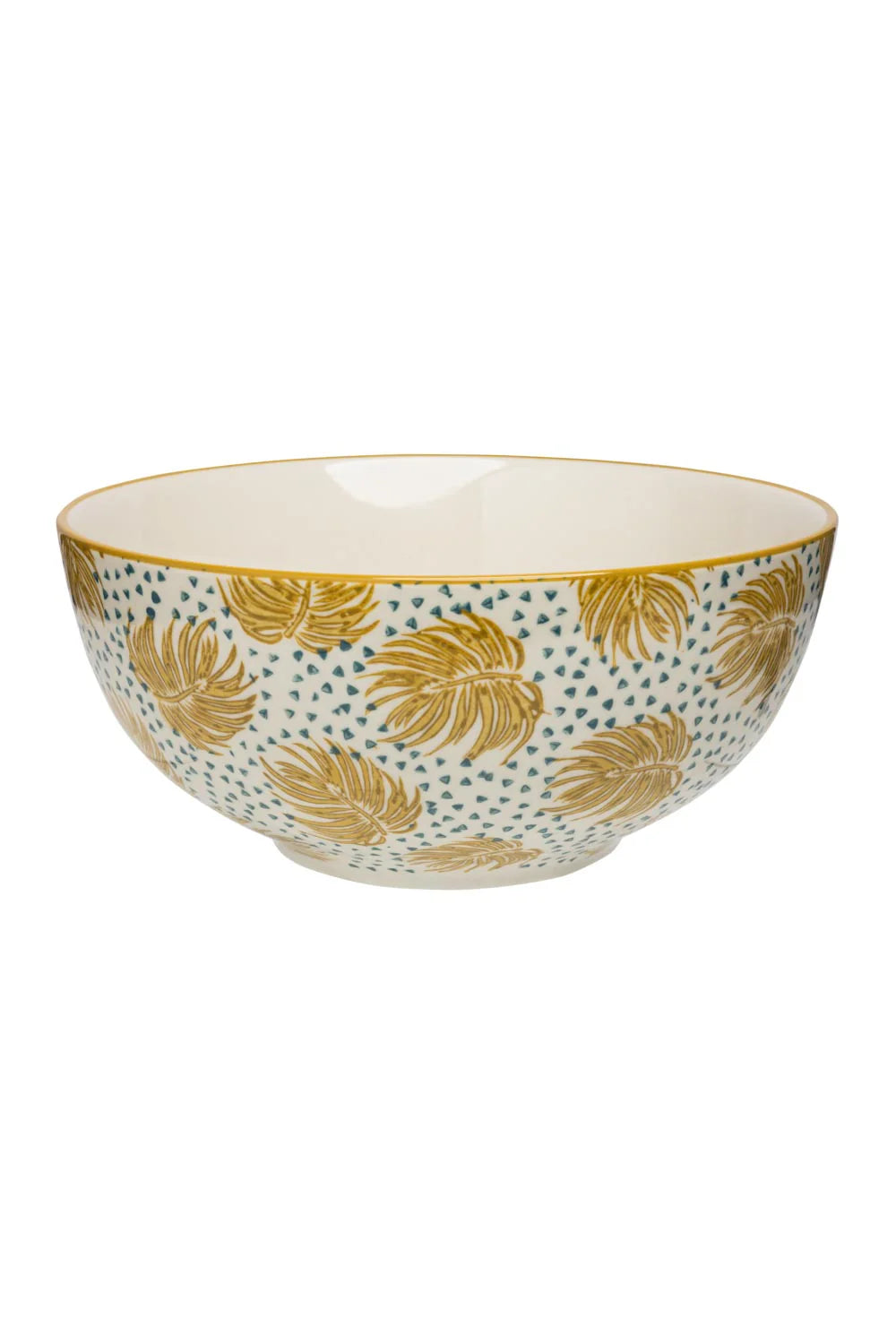 Ceramic bowl with mustard leaf pattern on a white background