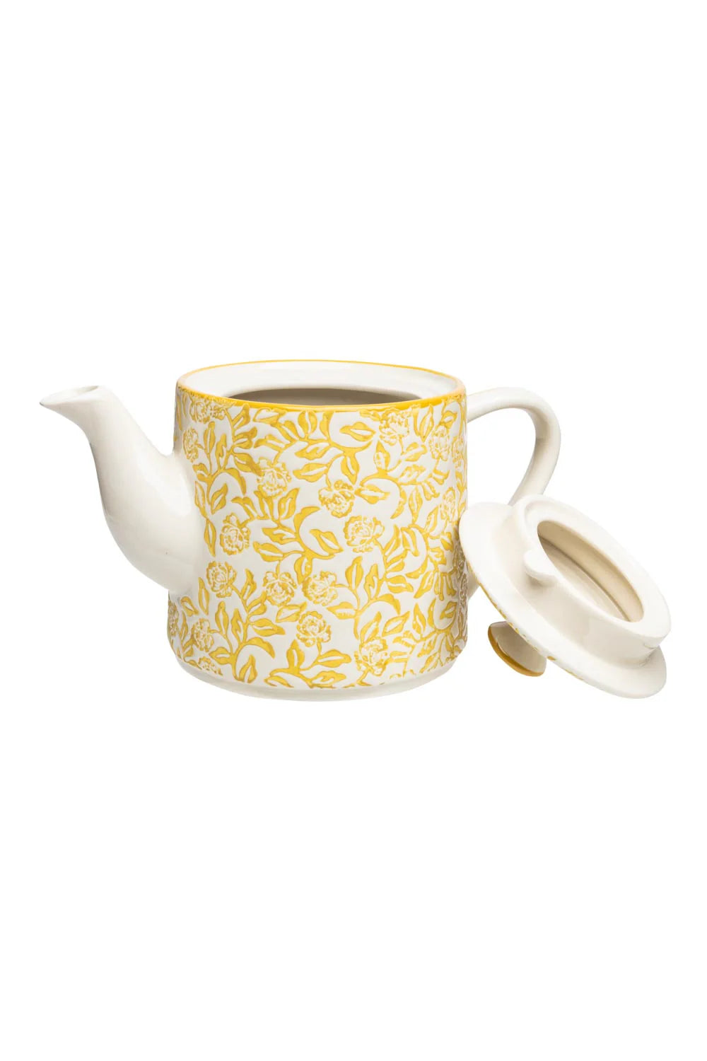 Ceramic teapot with yellow floral pattern with lid set next to it on a white background