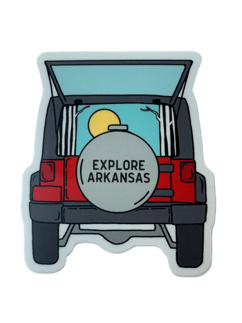 Sticker of a red jeep with open back doors and 'Explore Arkansas' text on a white background