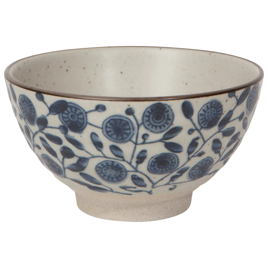 small off-white bowl with blue floral pattern.
