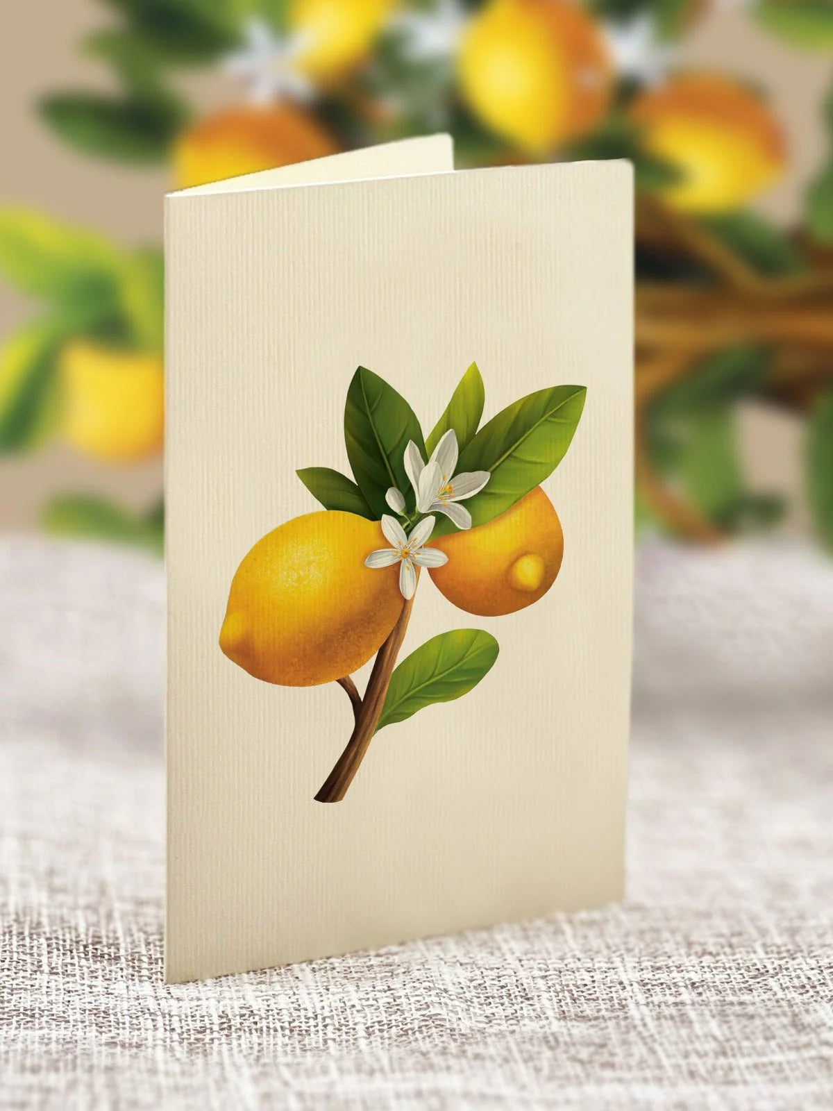 enclosure card for Lemon Blossom Tree paper bouquet with a lemon tree sprig printed on it.