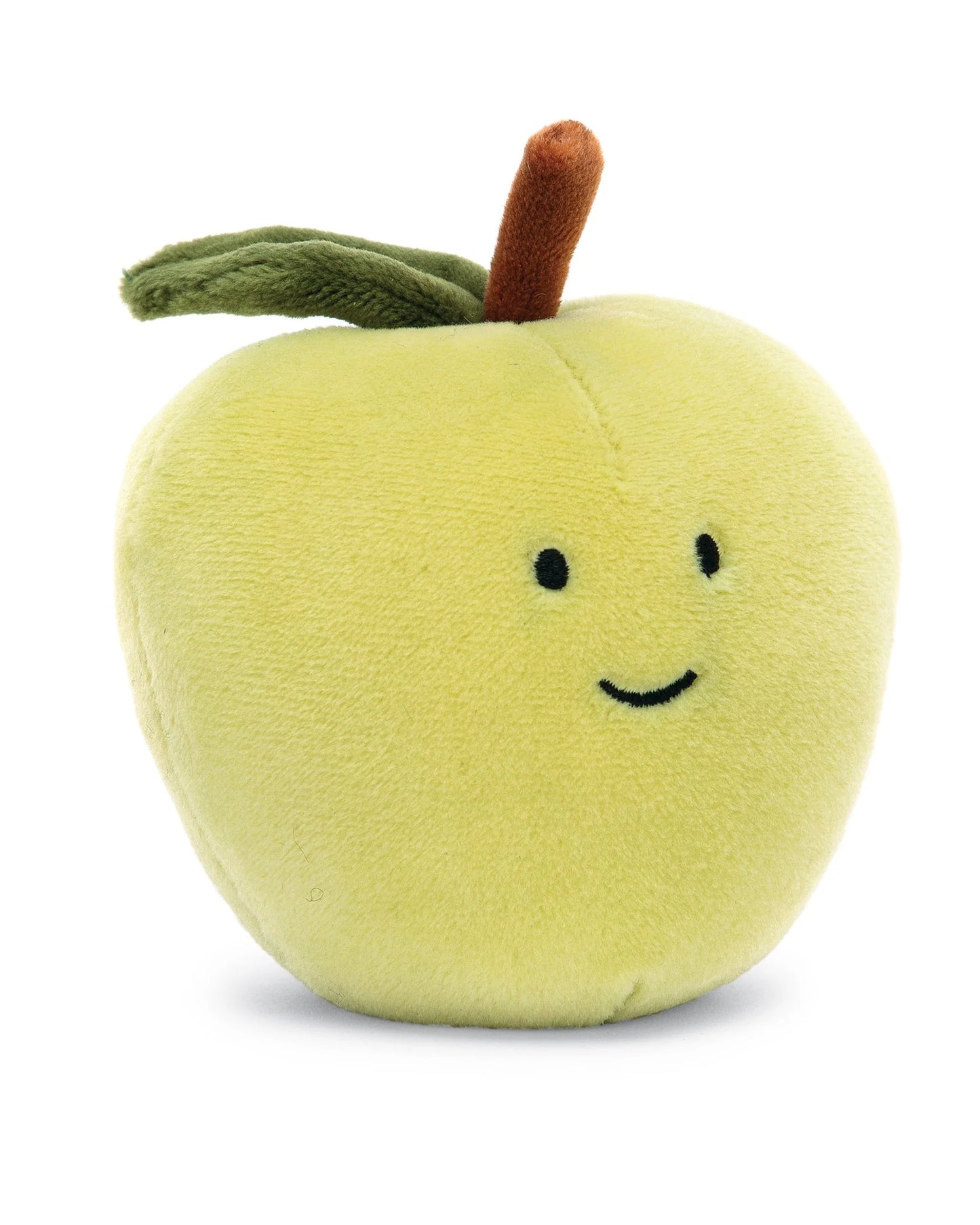 light green apple plush toy with smiling face.