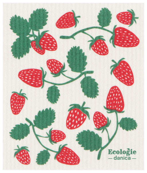 Strawberries Swedish Sponge Cloth has strawberries scattered all over