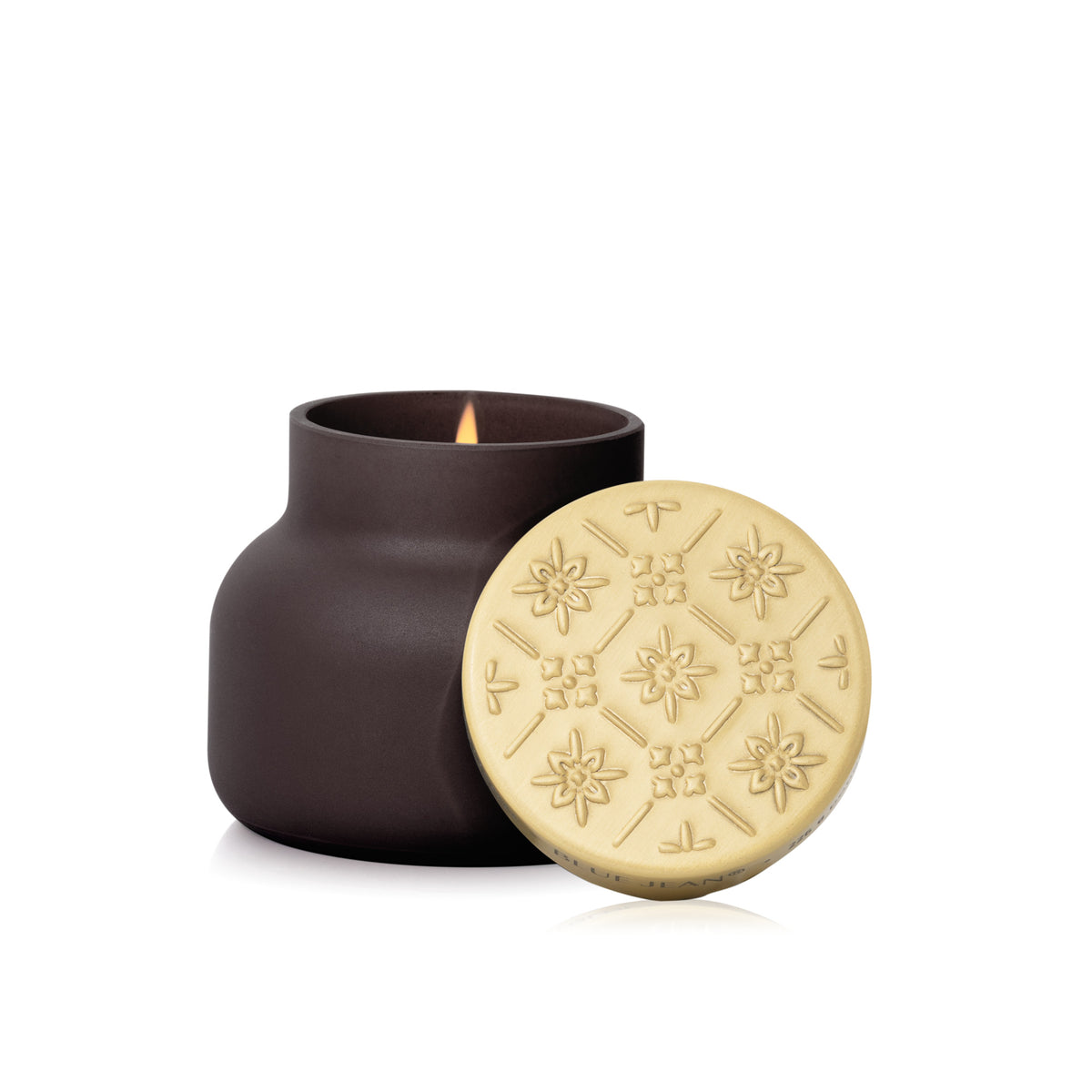 Blue Jean Artisan Terrazza Velluto Petite Candle with the lid in front on a white background
