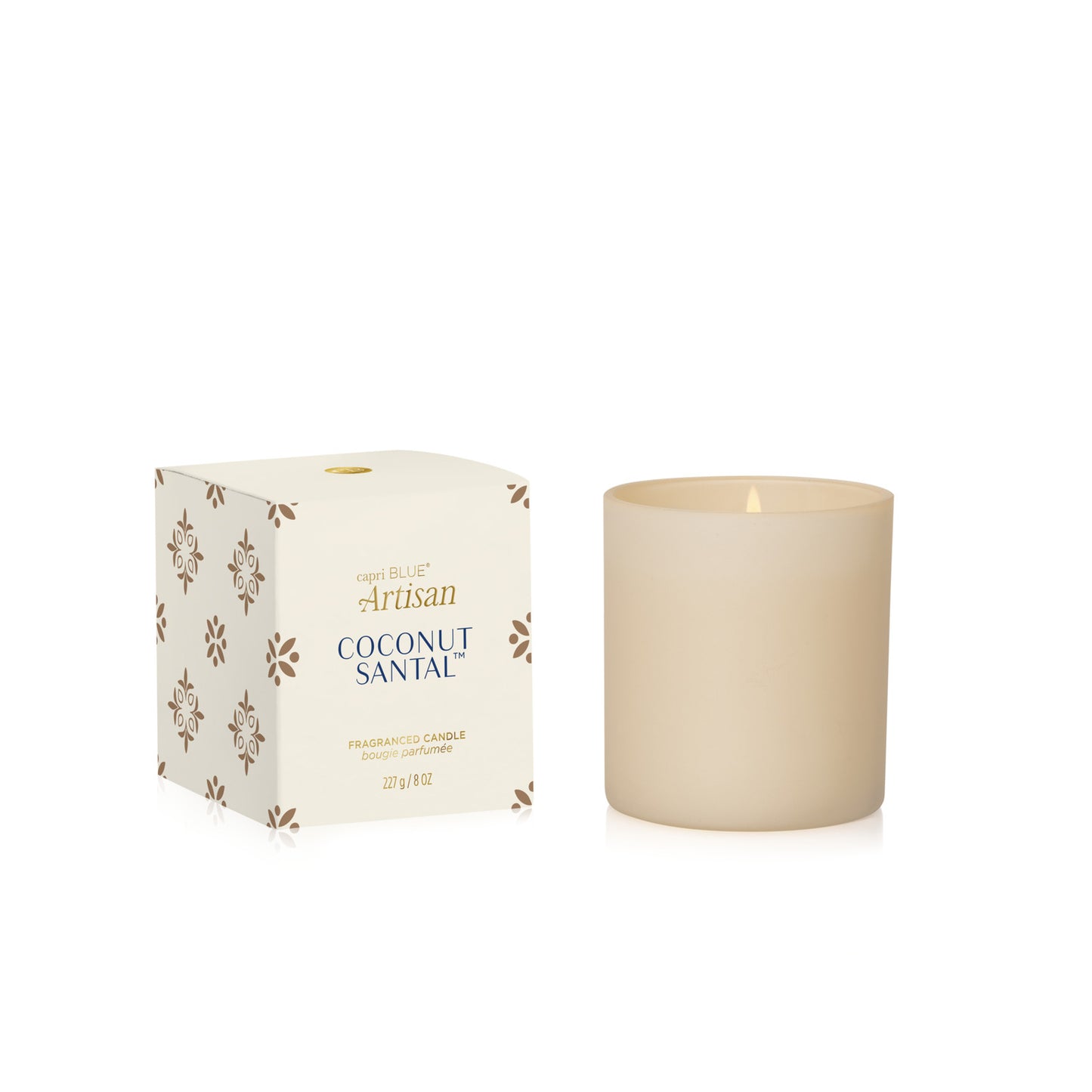 Coconut Santal Artisan Terrazza Velluto Tumbler Candle and its box on a white background