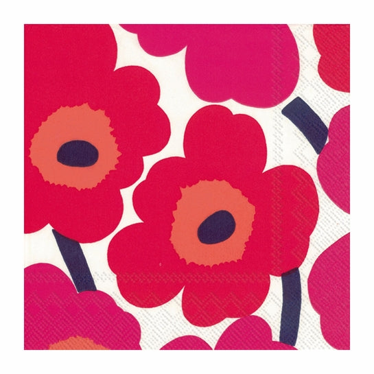 folded Marimekko Unikko Red Luncheon Napkins with pink and red flowers printed on it