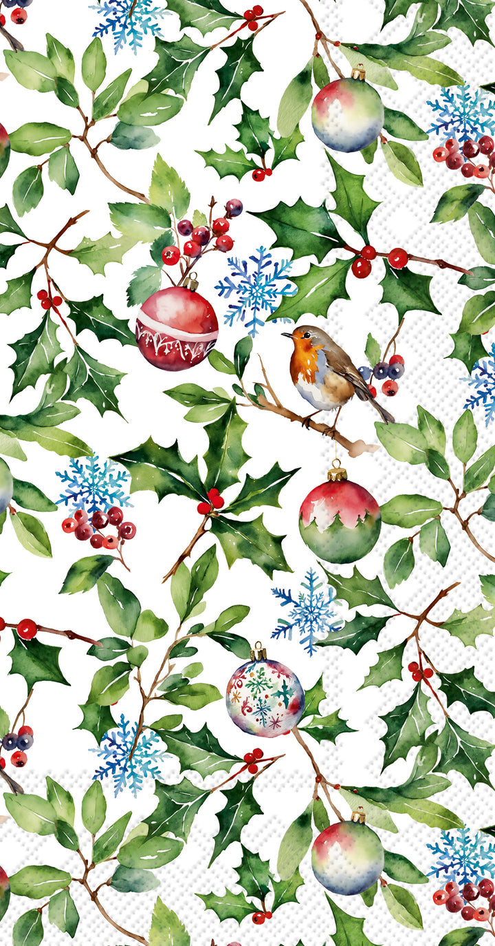 rectangular guest paper napkin printed with holly leaves, bird, ornaments, and blue snowflakes