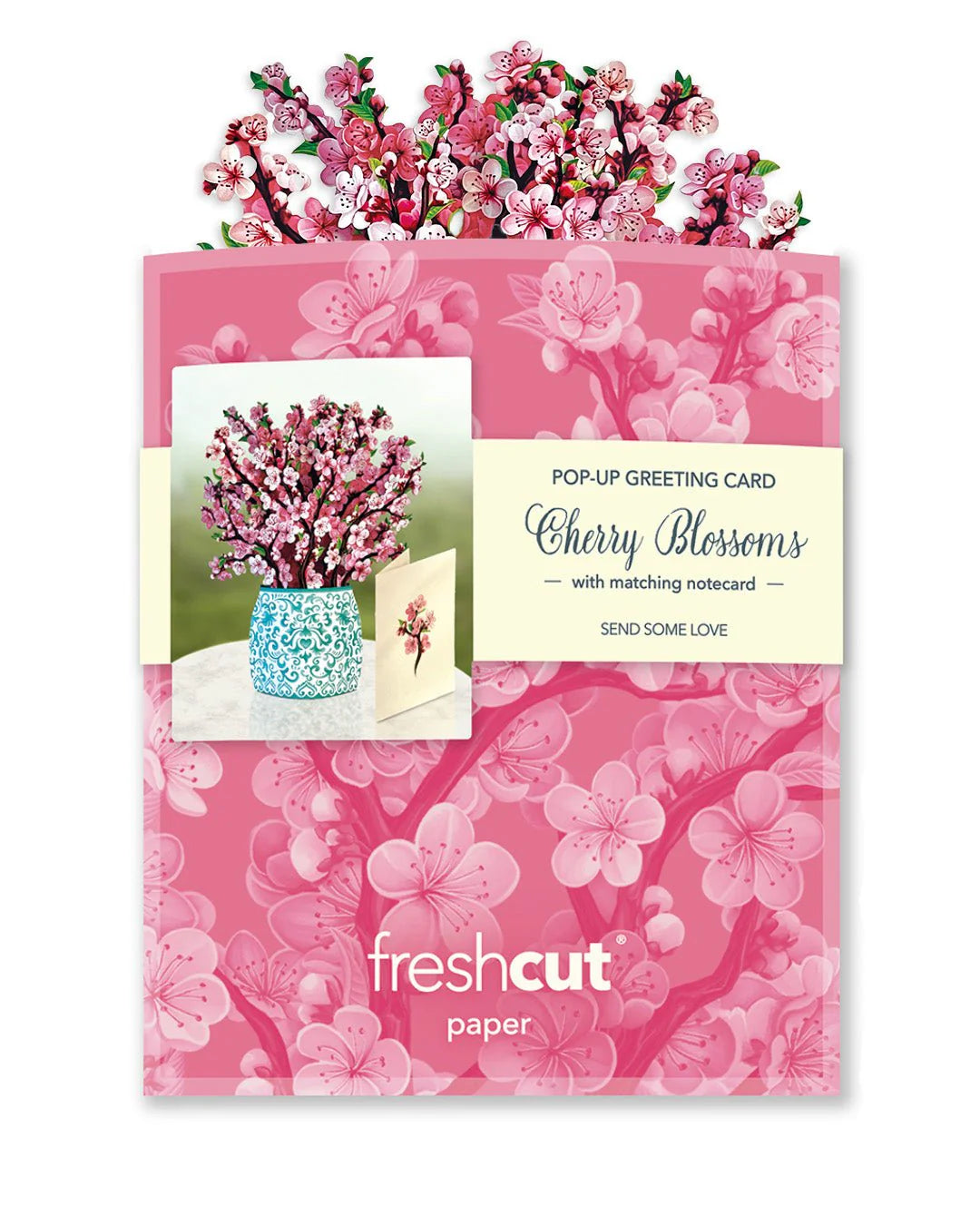 Mini Japanese Cherry Blossoms Pop-Up Card coming out of its pink envelope
