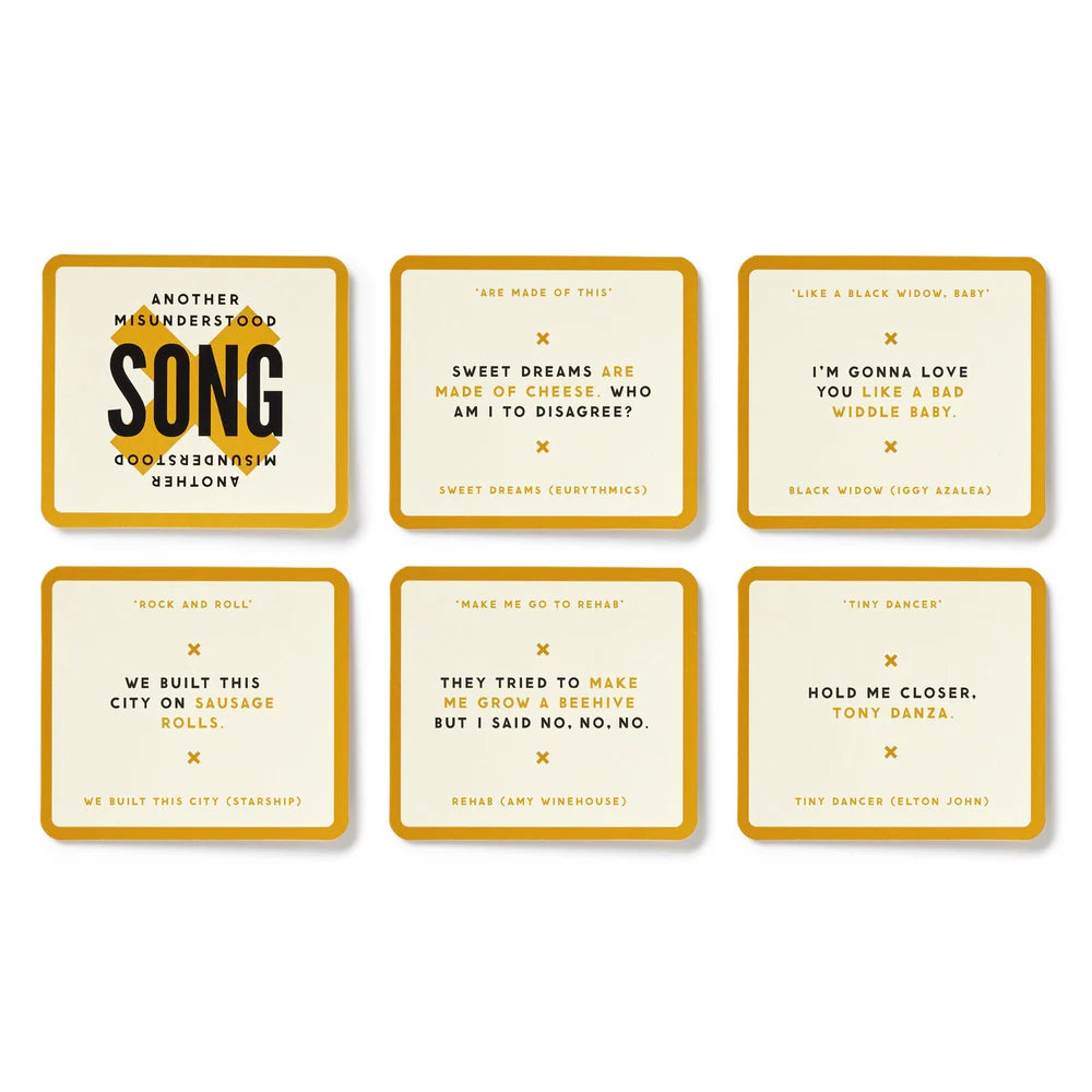 6 cards from misunderstood songs game in 2 rows on a white background.