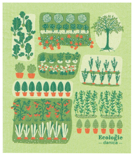 Grow a Garden Swedish Sponge Cloth is green with garden patches all over