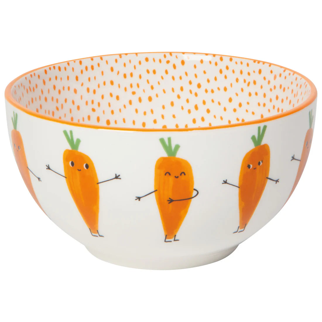 white bowl with carrots printed on the outside and orange dots on the inside