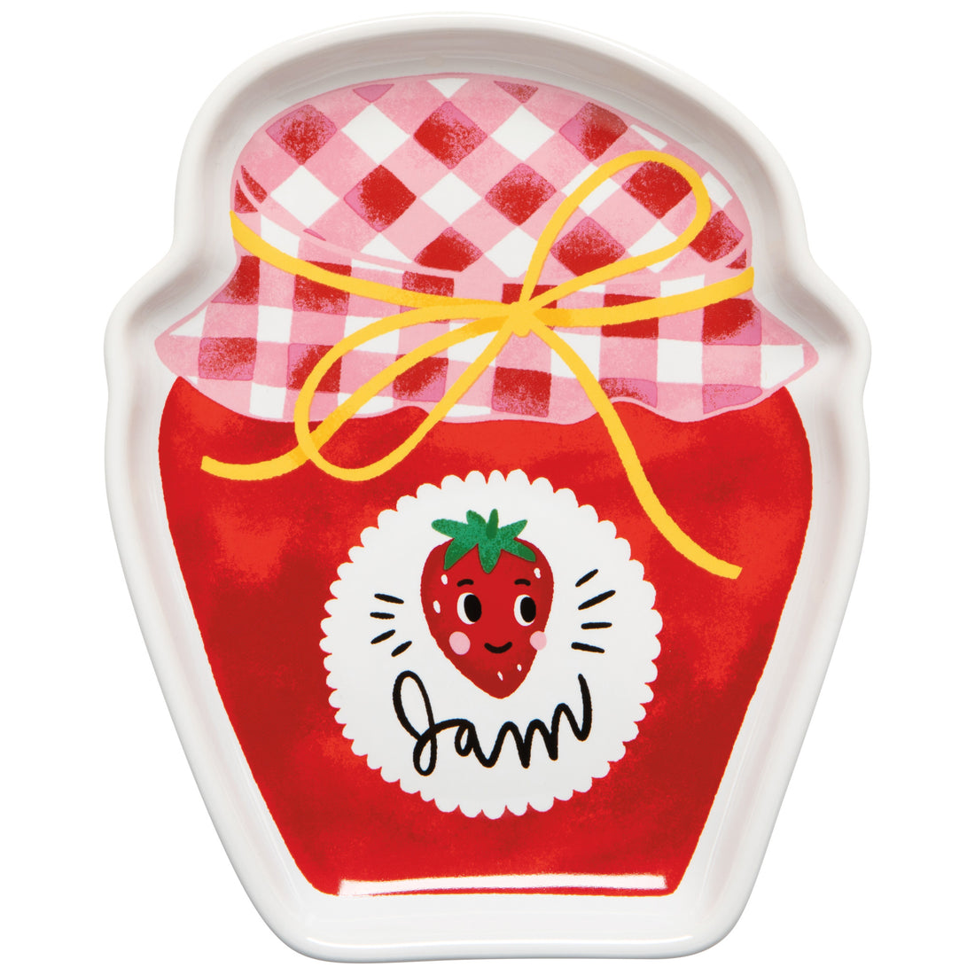 cream dish with a happy, smiling strawberry jam jar on it