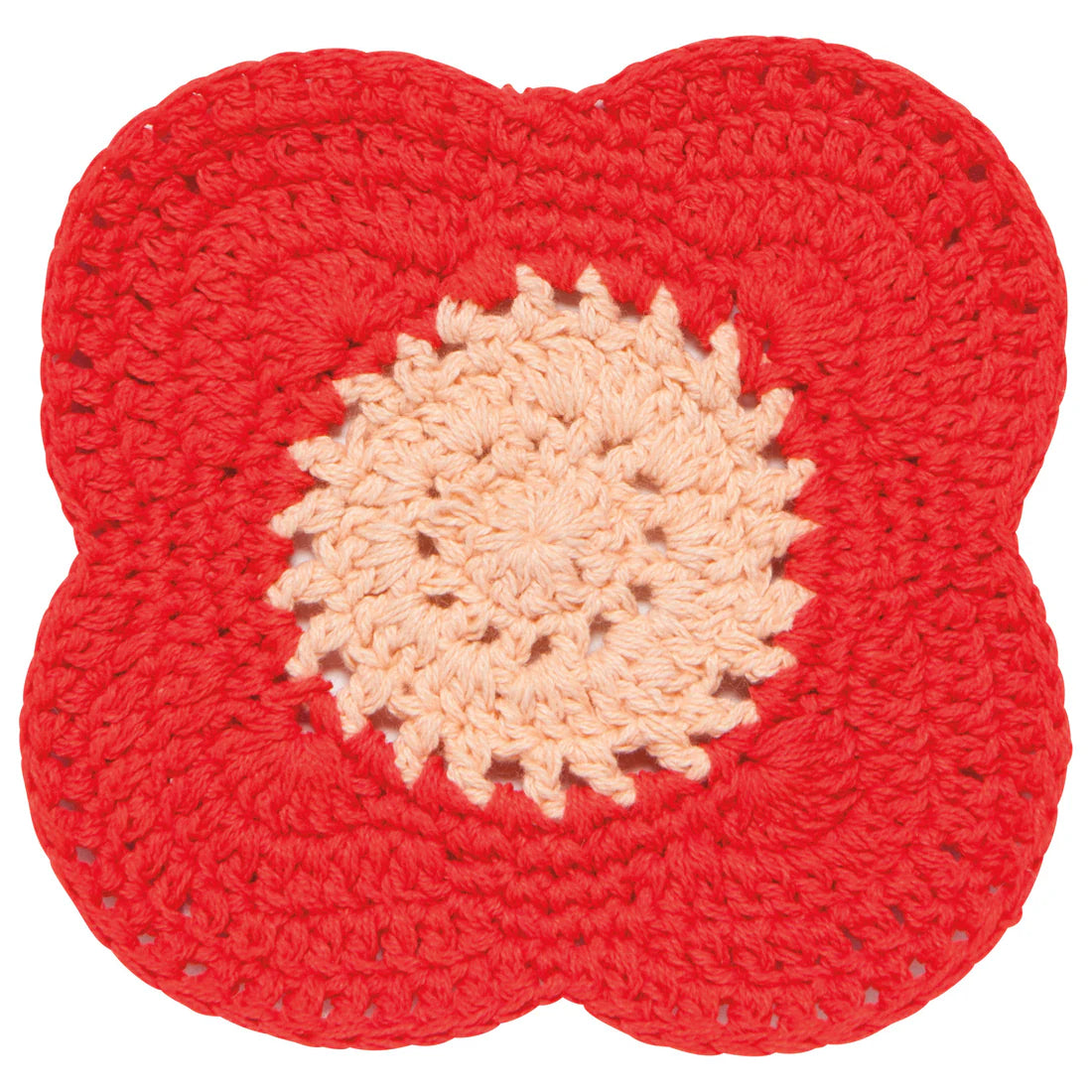 red crocheted coaster with orange center.