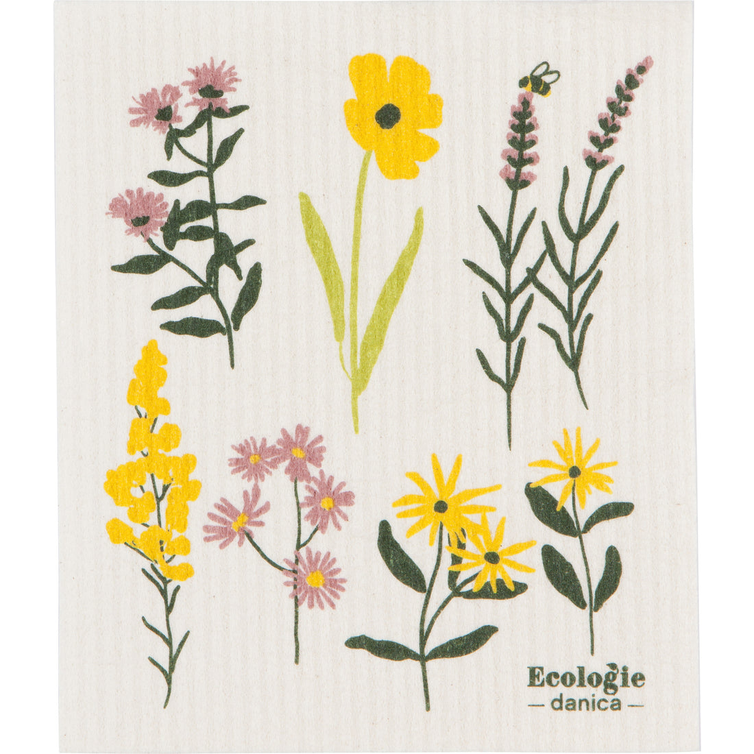 dishcloth with yellow and pink flowers and one bee on it